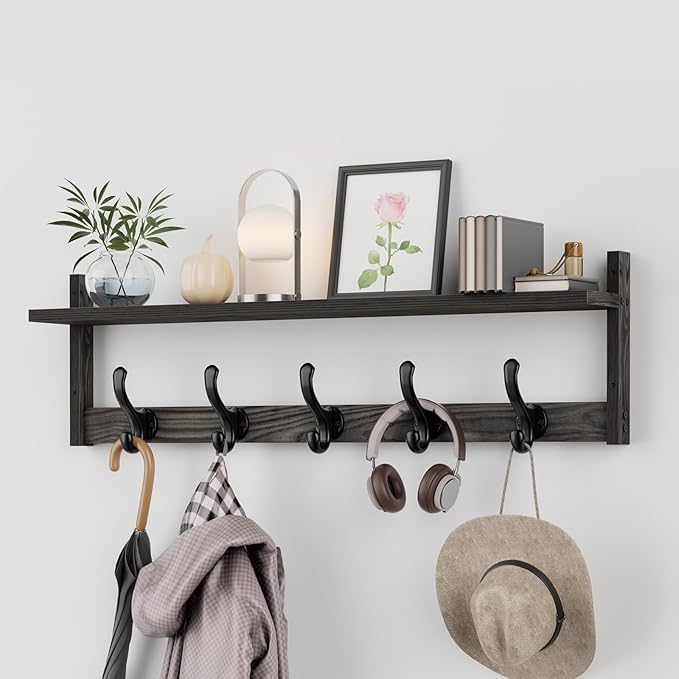 Tatub 29'' Coat Rack Wall Mount with Shelf, Wood Wall Hooks with Storage, Entryway Shelf with 5 Coat Hangers for Bathroom, Living Room, Bedroom, Ebony Grey