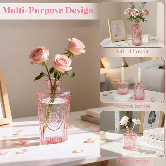 BEAHOT 24 Pack Pink Flower Vase in Bulk,Mini Vintage Glass Bud Vases for Centerpieces,Wedding Decor,Party & Home Decaration,Mother's Day (Pink)