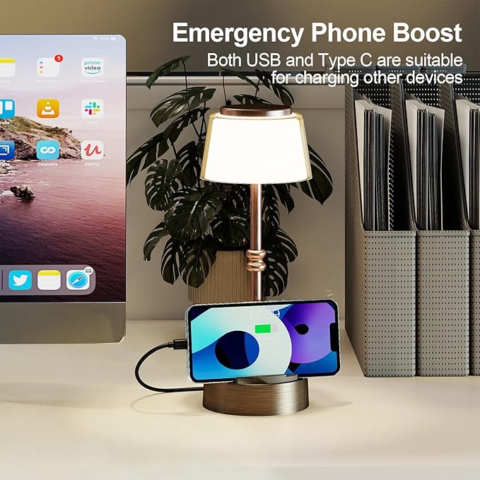 LED Cordless Lamp, 5 Colors Stepless Dimming Table Lamp, 4400mAh Rechargeable Battery with USB Charging Port, Portable Touch Bedside Light for Patio, Restaurant, Dining (1, Antique Brass)