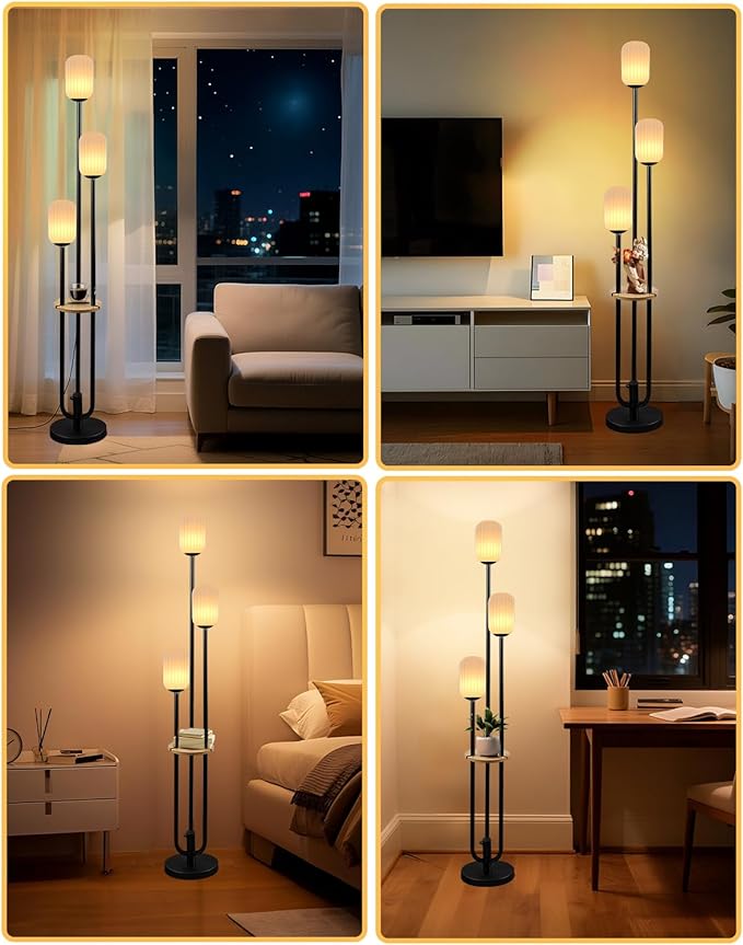 ACOHOOK Floor Lamp for Living Room, Dimmable Vintage Floor Lamp with Shelf & LED Bulbs, 3 Light 3000K Soft Warmwhite Mid Century Standing Lamp, Tall Lamps for Bedroom Office