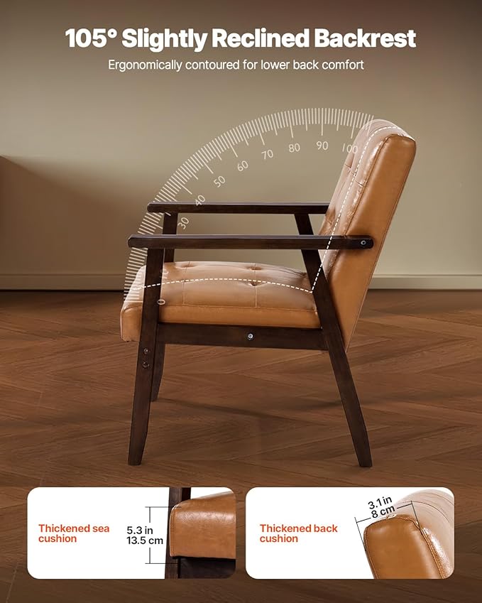 VEVOR Accent Chair, Mid Century Modern Armchair with Solid Wood Frame and Non-Slip Legs, Upholstered Leisure Chair with PU Leather and Soft Cushion, for Living Room, Bedroom, Office