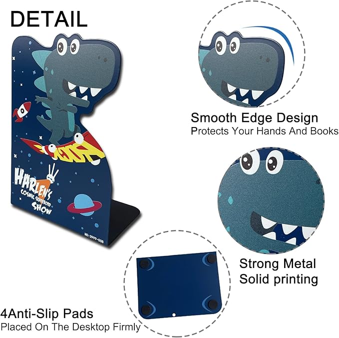 2 Pack Metal Bookends,5.3"x3.9"x8"Non-Slip Darkblue Cartoon Dinosaur Book Stopper,Heavy Duty Premium Space-Themed Decorative Book End, Supports for Kids Children Shelves,Room,School,Learning Gifts