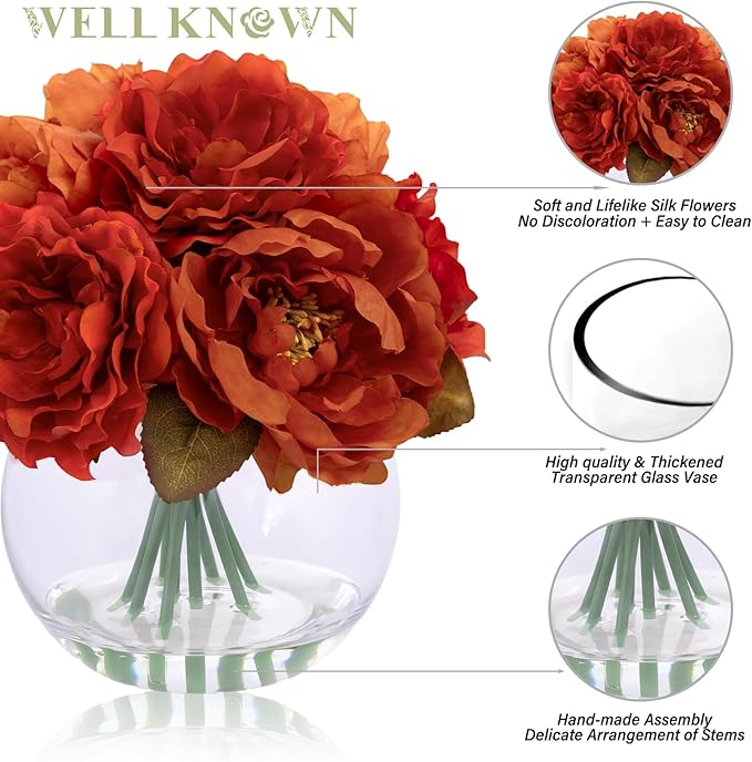 Artificial Flowers in Vase, Silk Peonies Flowers for Vase with Faux Water, Burnt Orange Fake Flower Arrangement for Winter Spring Dinning Wedding Birthday Party Table Centerpieces Decor & Mom's Gift