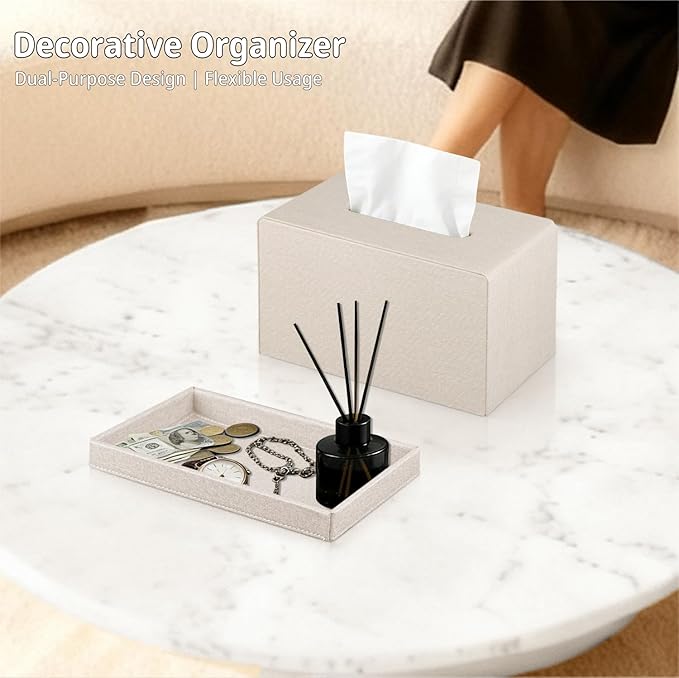 YAPISHI Large Tissue Box Cover Rectangle with Tray Storage, PU Leather Facial Tissue Holder, Fits 230-Count Family Size Kleenex, Modern Nightstand Organizer for Bathroom Office Home Decor