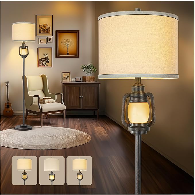 LuxSight Collection Floor Lamp for Living Room Vintage Standing Lamp with Linen Fabric Hardback Shade Industrial Tall Lamp with Night Light Decor for Living Room, Bedroom,Study, Home Office