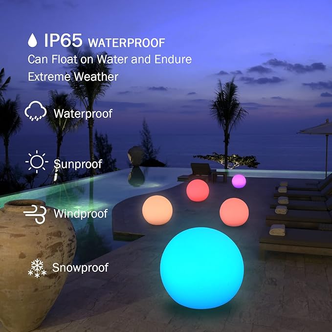 8-Inch Rechargeable LED Orb Light – 16 Color Glow Sphere, 4 Modes, Waterproof Ambient Lighting Ball, Glowing Orb for Indoor, Outdoor, Pool, Room, and Patio Decor