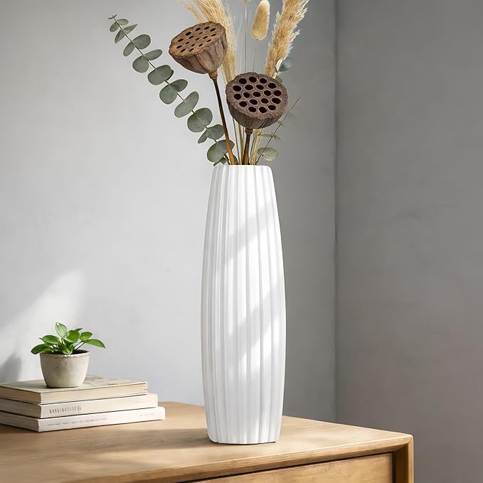 12 Inch White Vase Ceramic Flower Vase, Tall Vases for Pampas Grass, Home Decor, Modern Textured Vases for Living Room Decorations,Table Centerpieces,Shelf,Farmhouse Small Ceramic Vase
