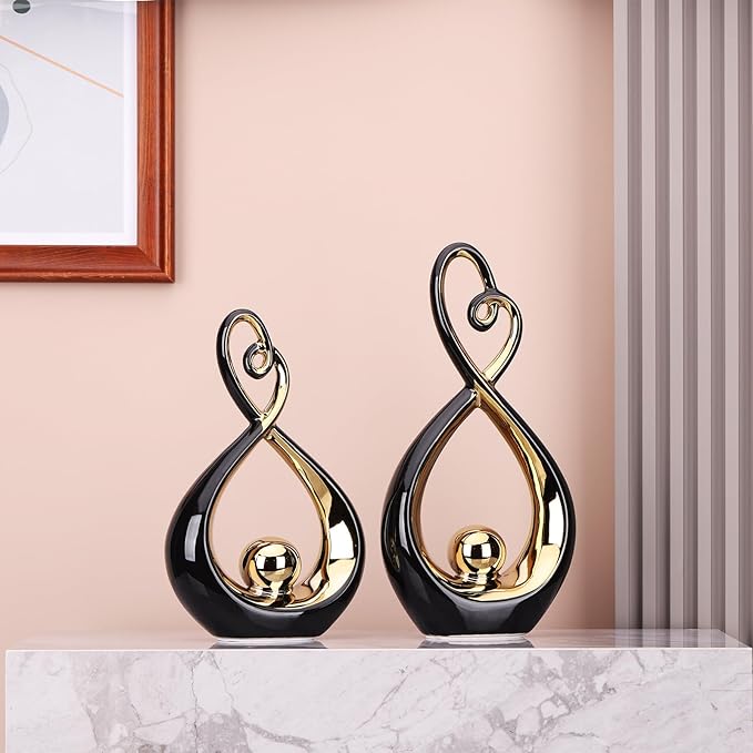 DOVDOV Modern Art Home Decor, Ceramic Abstract Sculpture 2 Piece Set, Black and Gold Statue Decoration, Gorgeous Home Decor for Rooms, Bookshelves, Coffee Tables with Decorative Aesthetics.