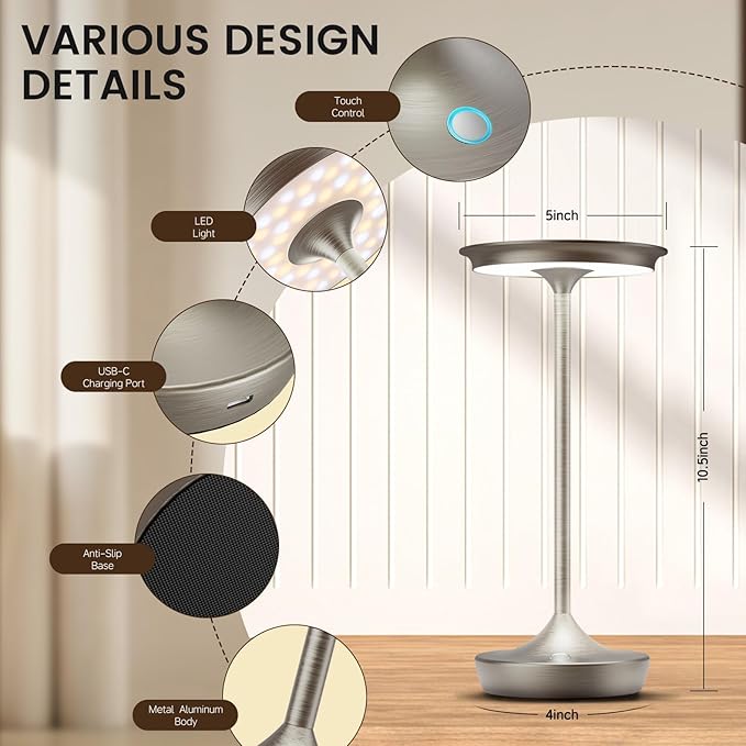 LED Cordless Table Lamp Rechargeable-Battery Operated Lamps, Portable 3 Color Touch Dimming Waterproof Light for Patio/Restaurant/Dining/Outdoor (Chrome)