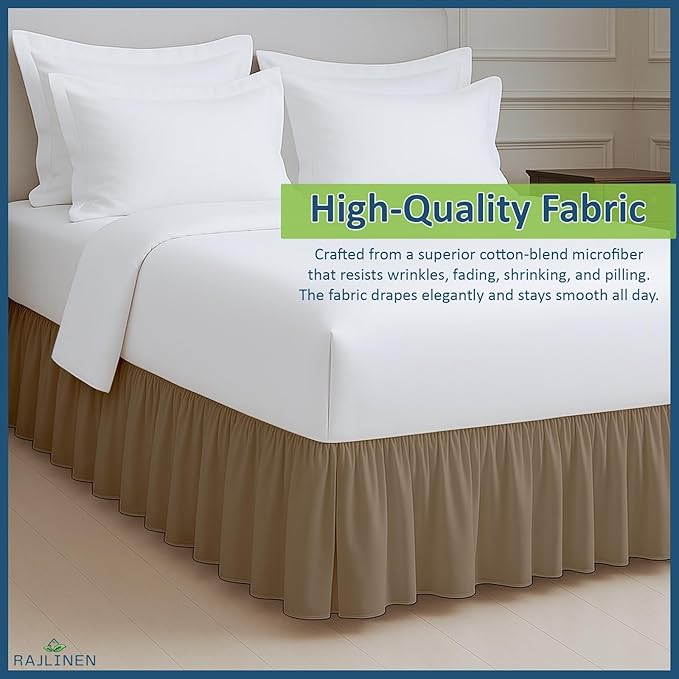 Rajlinen Ruffled Bed Skirt King, 12 Inch Drop Dust Ruffle with Split Corners, 100% Microfiber Bedskirt with Platform, Three-Sided Coverage Ruffled Gathering Design, Taupe