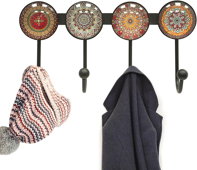 Coat Rack Wall Mounted with 4 Hooks, Round Brown Pattern Decorative Wall Hooks for Hanging Hat, Key, Towel, Purse, Bag and Robe, for Entryway Bathroom Organizer Hanger
