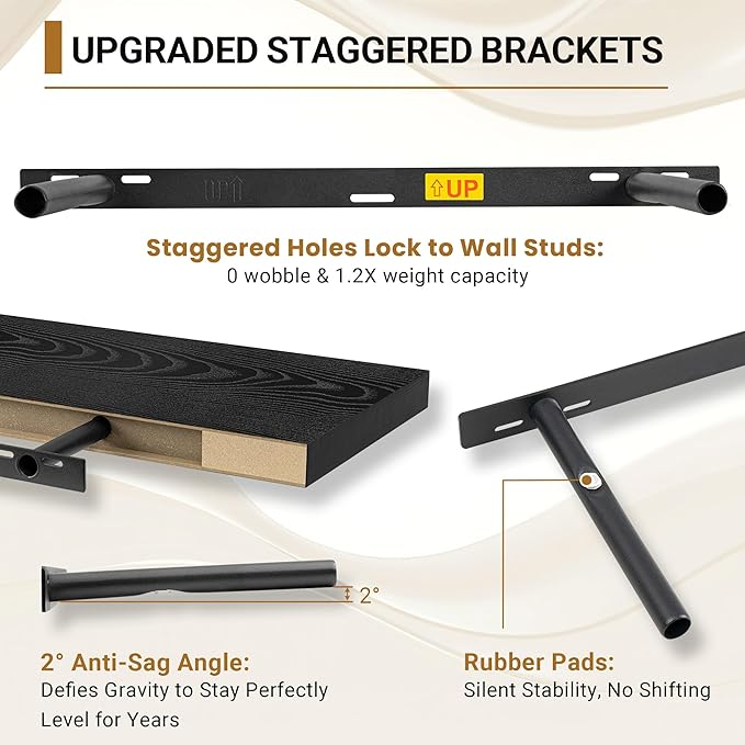 Vivelove Black Floating Shelves 23.6 Inches Wide, 12" Deep Wall Shelves for Bedroom, Bathroom, Living Room, Kitchen, Office, Rustic Home Decor Shelf with Invisible Brackets, 23.6X12X 1.5, Set of 2