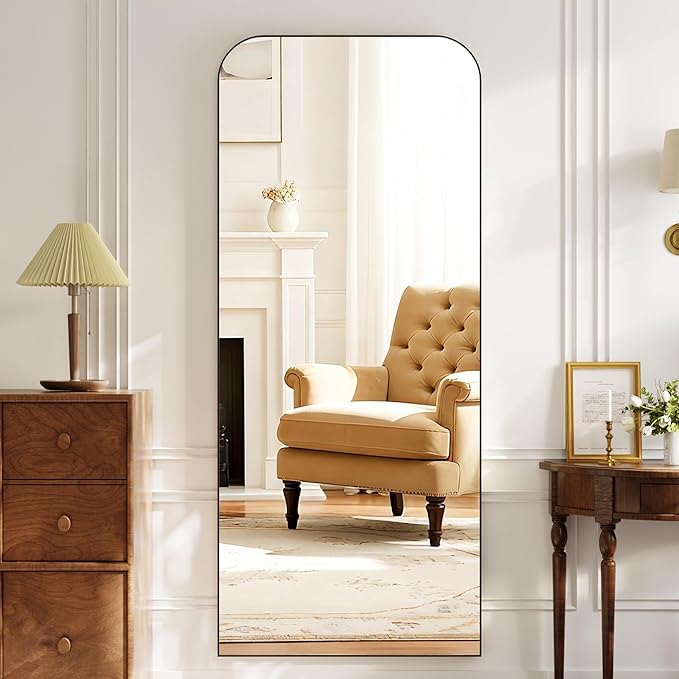 Full Length Mirror 65"x24" Mirror Full Body with Aluminum Alloy Frame Top Square-Edged Floor Mirror with Stand for Bedroom Living Room Black