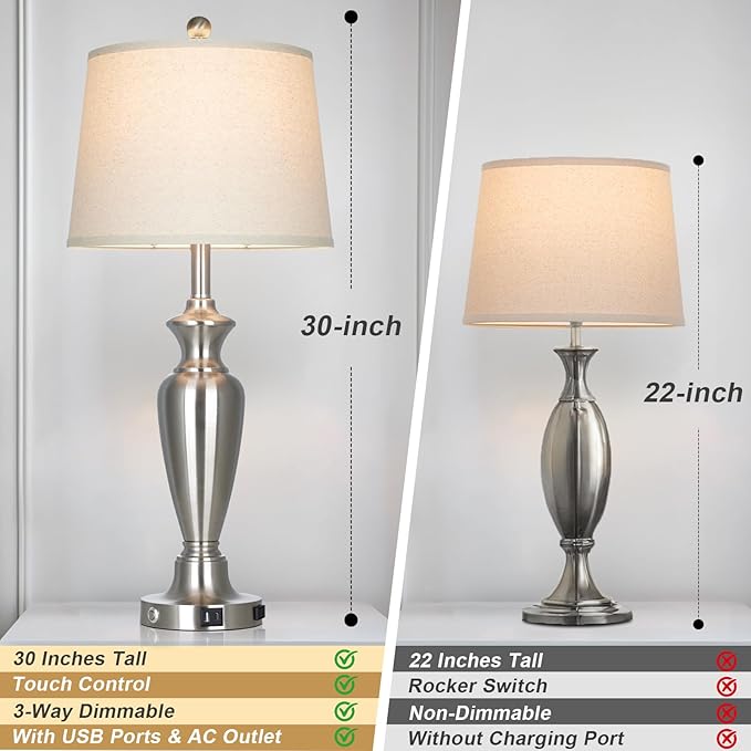 Silver Table Lamp for Living Room Single, 30″ Tall Touch Control Bedside Lamp for Nightstand, 3-Way Dimmable Bedroom Lamp with USB A+C Ports and AC Outlet (1 Pack)