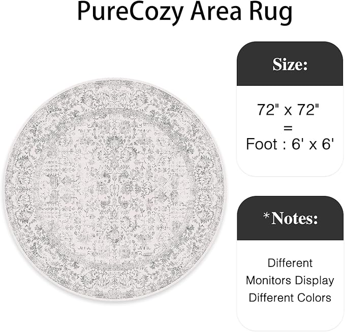 PureCozy Grey Round Area Rug 6ft Entryway Door Mat Small Circle 6x6 Kitchen Vintage Carpet Non Slip Indoor Bedroom Washable Distressed Floral Retro Accent Throw Rug Office Bathroom