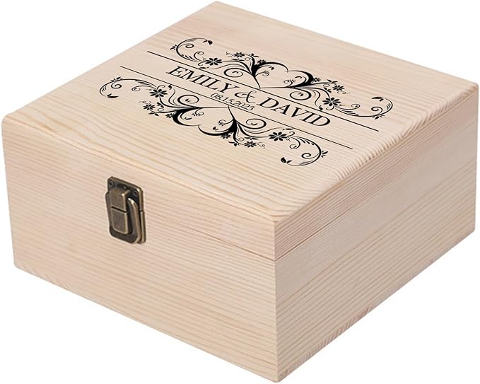 Personalized Wedding Keepsake Box Custom Name Date, Wooden Memory Box Wedding Gift Box for Couples Newlyweds - Customized Gifts for Bridal Shower Anniversary Engagement Christmas