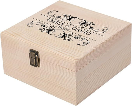 Personalized Wedding Keepsake Box Custom Name Date, Wooden Memory Box Wedding Gift Box for Couples Newlyweds - Customized Gifts for Bridal Shower Anniversary Engagement Christmas