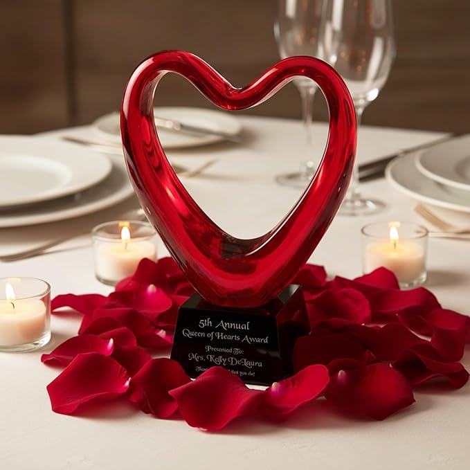 Personalized 6.5" Red Glass Heart Award, Custom Engraved Decorative Heart-Shaped Glass Award Statue for Appreciation, Recognition, Grattitude