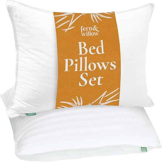Fern and Willow Premium Queen Size Bed Pillows - Set of 2, 28"x20" - Luxurious Ultra-Soft Cooling Pillow - Hotel Quality, Down Alternative Fill, Medium Firm Support for Side, Back & Stomach Sleepers