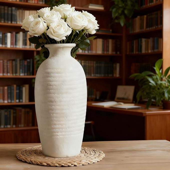 Ceramic Farmhouse Vase, 14.4 Inch Large Handmade Rustic Flower Vase, Waterproof Tall Vase for Pampas Grass & Home Decor, Ideal for Living Room, Shelf, Wedding & Housewarming Gift in Off-White