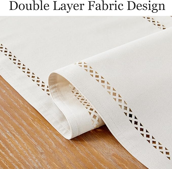 Burlap Style Farmhouse Table Runner, 13 x 90 Inch Off White, Rustic Geometric Hollow Table Runners 90 Inches Long for Dresser Table Everyday Use, 13x90 Inches, Off White