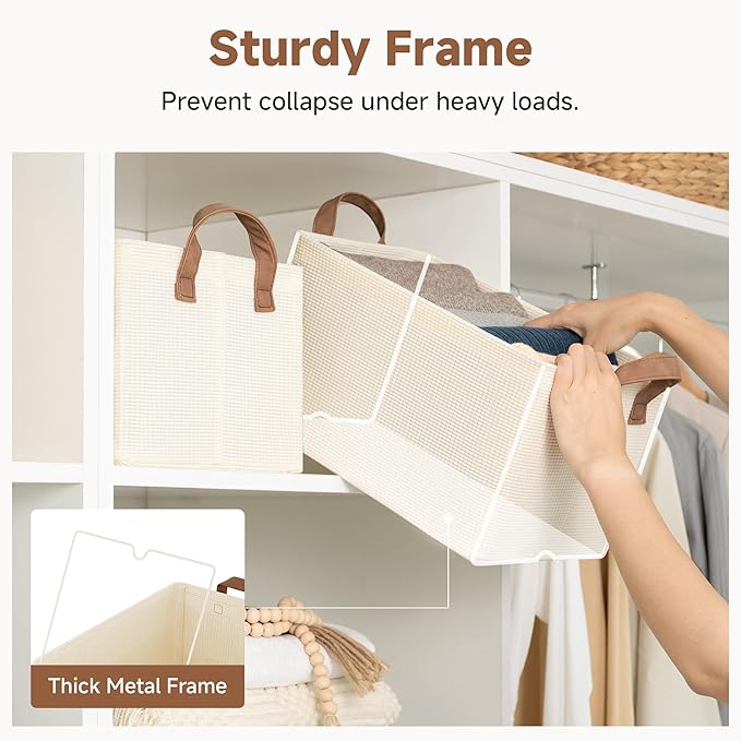 StorageWorks Storage Bins, Shelves Baskets for Organizing, Fabric Closet Organizers with Handles, Metal Frame, Beige?Texture?, 2-Pack