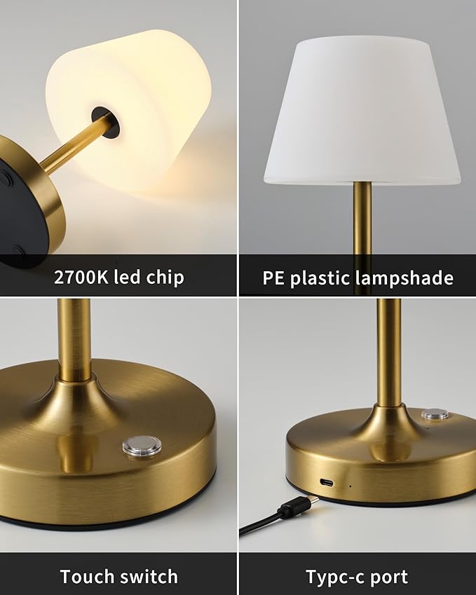 PUSU Cordless LED Gold Small Table Lamp, Waterproof Shower Light with 4000mAh Battery, Portable Rechargeable Touch Dimming Night Light for Bathroom, Outdoor Camping, Kitchen, Patio, Restaurant