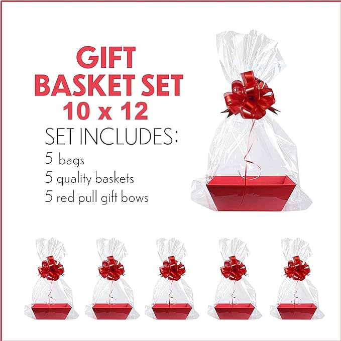 Upper Midland Products [5PK Large Red Baskets For Gifts Empty To Fill| Bulk Gift Basket Kit- 10x12' Big Basket | 5 Cellophane Bags | 5 Pack Red Pull Bows