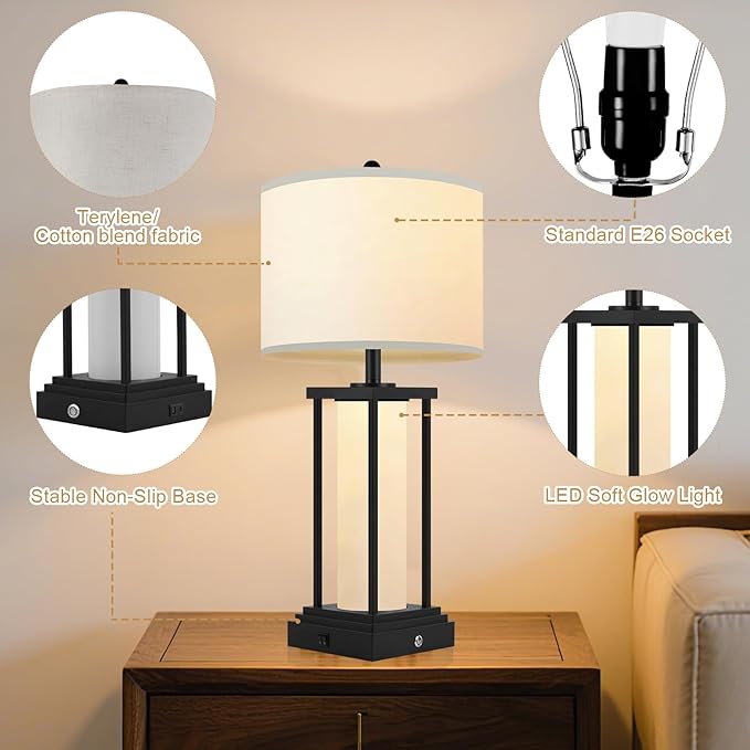 Living Room Table Lamps Set of 2, Bedside Lamps, 26.8‘’ Modern Table Lamps, Night Stand Lamp, Table Lamp with USB Port, 3 Color Temperatures, Stepless Dimming(Bulbs Included)