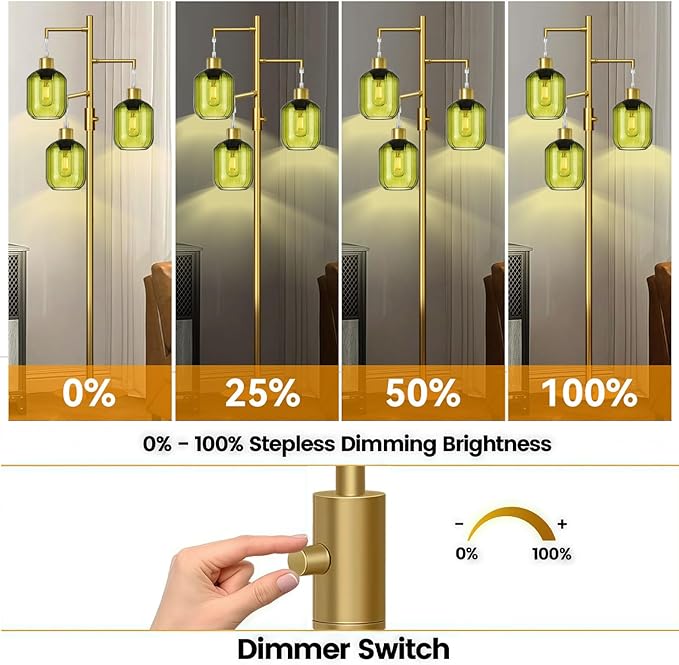 LVYE Glass Floor Lamps for Living Room, Modern Standing Lamps with Green Shade, Dimmable Green Tall Floor Lamp, Mid Century Gold 3 Lights Tall Tree Lamp with 3 LED Bulbs