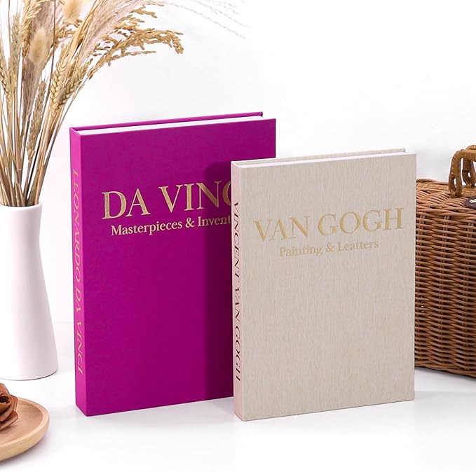 Premium Decorative Books - Set of 2 - Linen Storage Box for Coffee Table Faux Decor Boxes for Bookshelf Fake Books for Decoration for Living Room - Modern Home (Beige & Magenta)