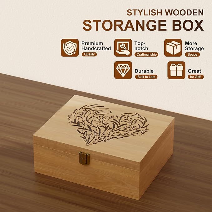 Memory Keepsake Wooden Box, Floral Heart Engraved Keepsake Boxes with Lids, Memory Box for Keepsakes for Anniversary, Wedding, Memory, Birthday, Valentines Day, Wood Box for Office or Home
