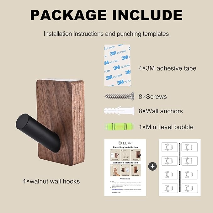 6 Pack Wooden Wall Hooks for Hanging, Adhesive Mounted & Wall Mounted Boho Decorative Walnut Wood Coat Hooks for Towel Clothes Blanket Hat Backpack Robe Nursery Door Board Entryway Key Holder