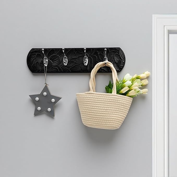 Decorative Wall Mounted Coat Rack with 4 Hooks, Rustic Wood Wall Organizer for Hanging Coats, Hats, Towels, Bags,Jackets, Keys (Antique Black)