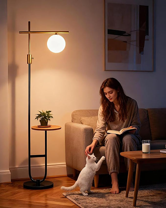 Lightdot 66IN Gold&Black Dimmable Floor Lamps with Storage Table, Modern Standing Tall Lamp with Milky White Globe Lampshade, Cross-Shaped Lamp Head and U-Pole Base Style for Living Room/Bedroom