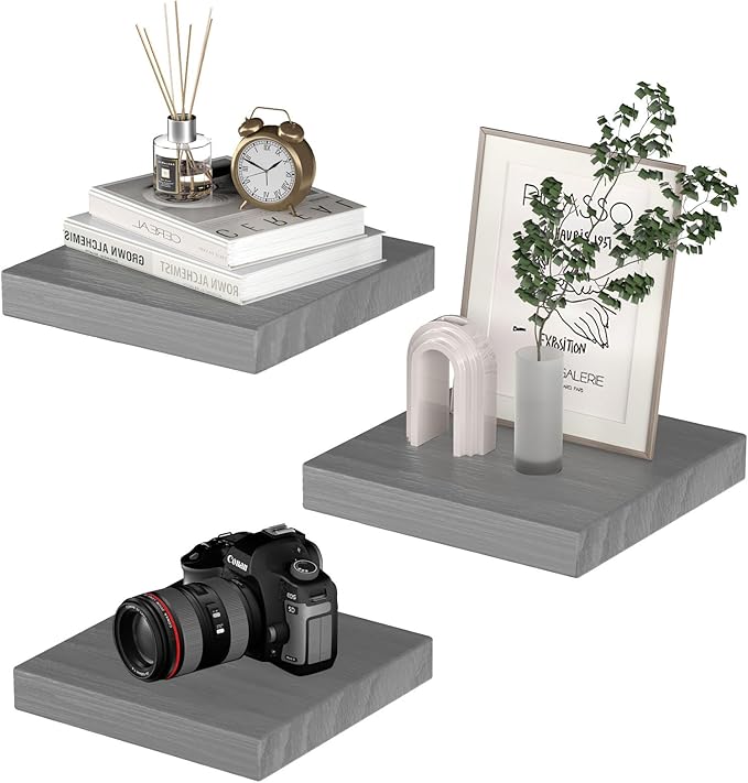 Small Floating Shelves for Wall - 9 Inch Mini Square Grey Shelves for Bedroom, Living Room, Bathroom, Kitchen, Office Decor Set of 3