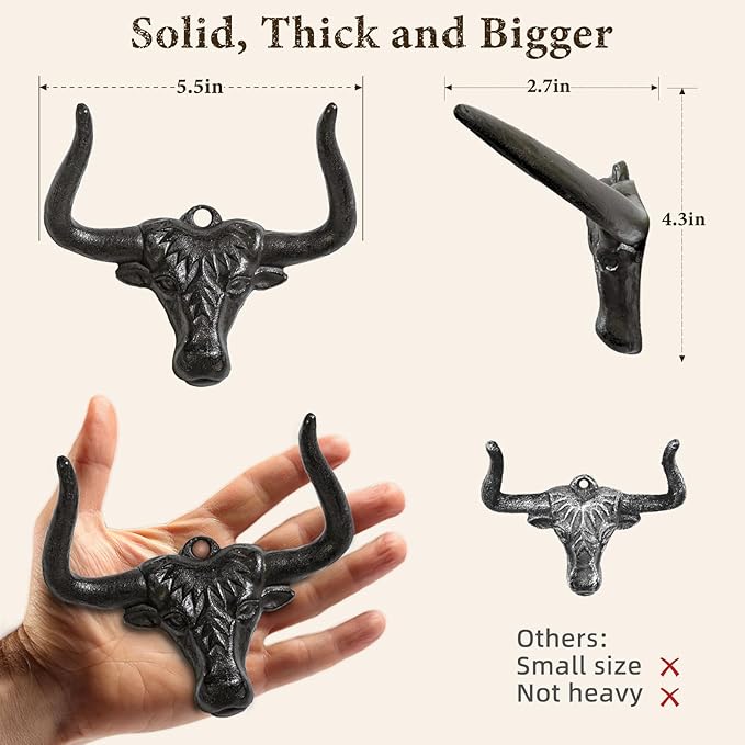Cowboy Hat Rack for Wall 4 Pack Modern Metal Cowboy Hat Holder Cast Iron Cowgirl Hat Hanger Western Longhorn Hooks for Storage and Display for Closet Bedroom Living Room Rust