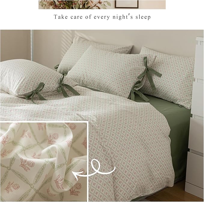 Pink Floral Duvet Cover Twin XL Chic Plaid Grid Duvet Cover with 2 Bowknot Pillowcases Vintage Boho Floral Bedding Set Aesthetic Cute Flower Comforter Cover Soft Cotton Girls Cottagecore Bedding Set