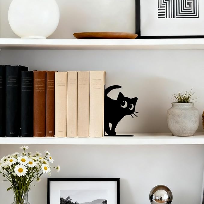 4 Pcs Cat Metal Bookends - Cute Cats Book Ends for Shelves Decorative, Home Office Desk Bookshelf Decor, Gift for Cat Lovers and Reading Enthusiasts, Christmas Reading Gifts for Women