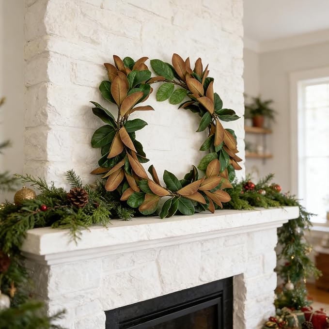 4PCS 17.7 Inch Magnolia Artificial Leaves Branches 3D Real Touch 28 Leaves Bulk Faux Magnolia Stems for Indoor Outdoor Vase Filling Home Wedding Floral Arrangement Decoration
