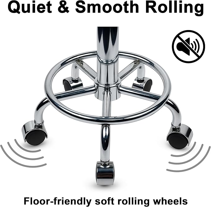 Heavy Duty Stainless Steel Stool for Work Bench, Adjustable Swivel Stool with 5 Wheels, 304 Stainless Steel Structure, Round Cushion, Load-Bearing 450 Ib