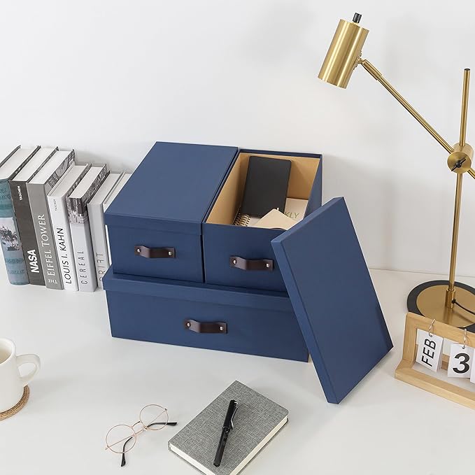 Soul & Lane Decorative Storage Boxes with Lids - Set of 3 (One Large and Two Medium), Sturdy Cardboard Organizers for Photos, Versatile Boxes with Handles for Office & Home, Navy