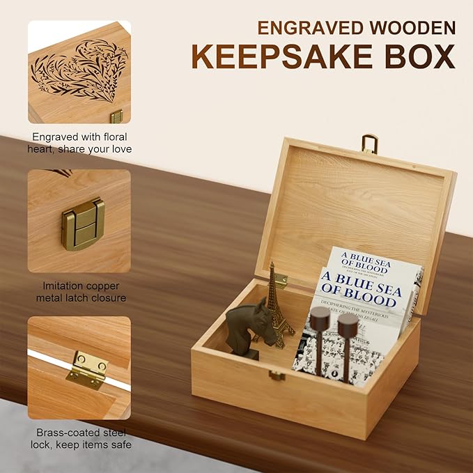 Memory Keepsake Wooden Box, Floral Heart Engraved Keepsake Boxes with Lids, Memory Box for Keepsakes for Anniversary, Wedding, Memory, Birthday, Valentines Day, Wood Box for Office or Home