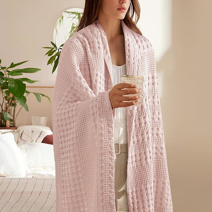 PHF 100% Cotton Waffle Weave Throw Blanket, Soft Lightweight Breathable Cozy Throws for Couch Bed Sofa, 300 GSM Luxury Aesthetic Blanket Gift for Home Decor & Office, 50"x60", Pink/Mauve