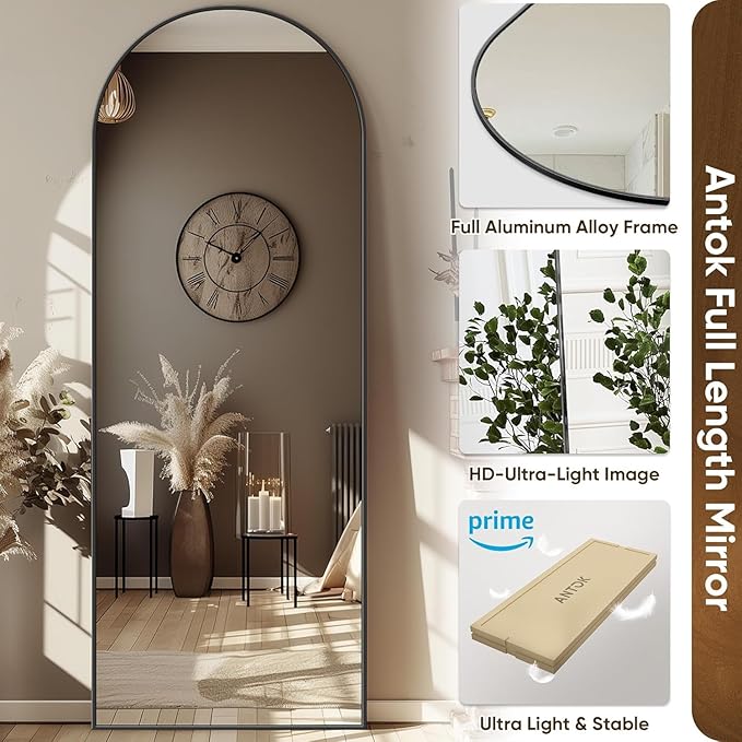 Antok Full Length Mirror, 58"x18" Arched Floor Mirror, Mirror Full Length with Stand, Wall Mounted Mirrors for Living Room Bedroom, Black