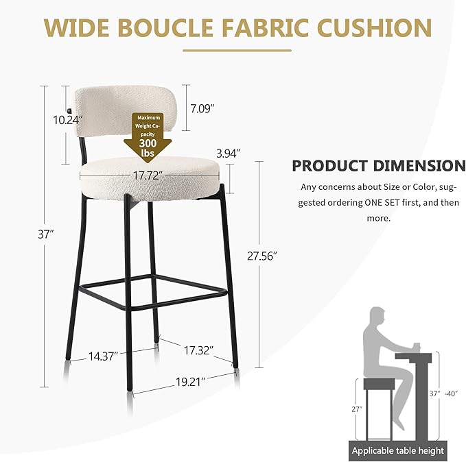 DYHOME Bar Stools Set of 2, White 28 Inches Boucle Counter Height Bar, Modern Bar stools Chairs Upholstered Barstools with Back & Footrest Metal Legs, Stools for Kitchen Island, Counter, Cafes