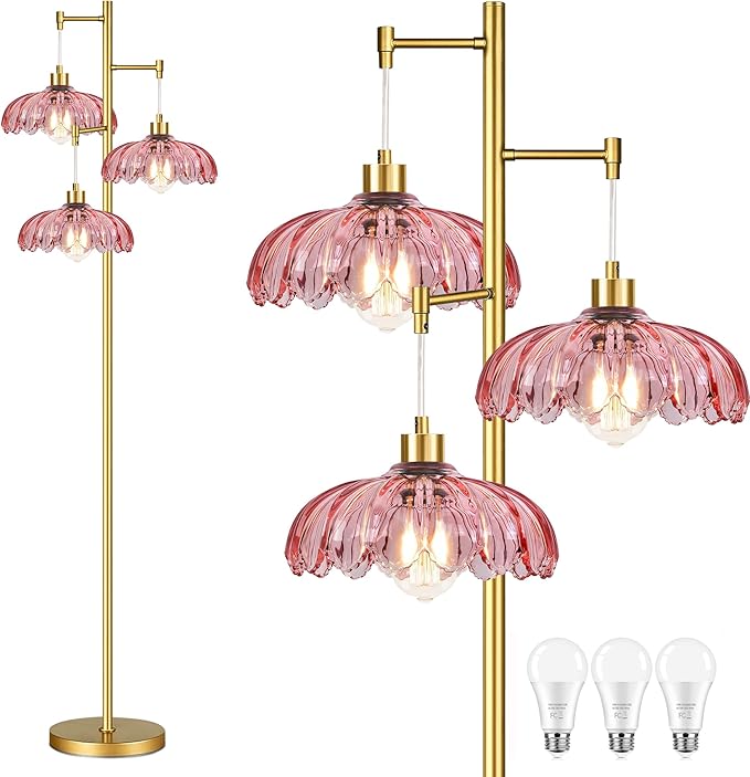 ZECOXOL Vintage Floor Lamps for Living Room Bedroom-3 Light Glass Floor Lamp with Three Led Bulb, Modern Mid Century Standing Lamp Brass Tall Lamp Gold Tree Floor Lamp for Bedroom Corner