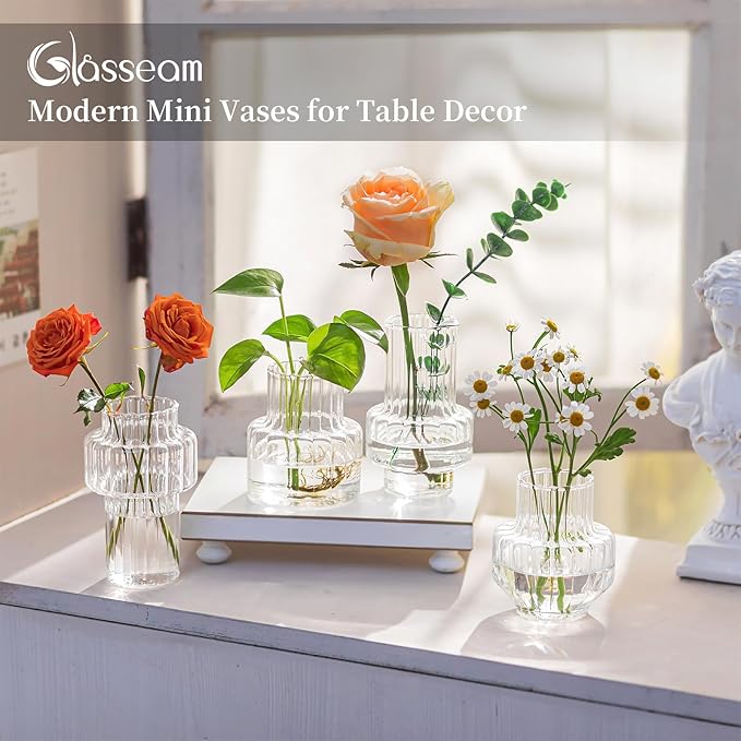 Glasseam Glass Bud Vases for Centerpieces: 4Pcs Clear Small Vase for Flowers Wedding Table Centerpieces - Modern Mini Decorations for Cute Vintage Home Living Room Decor