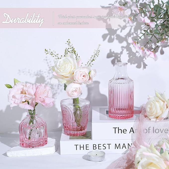 Valentine's Day Pink Glass Bud Vase Set of 24, Small Flower Vases for Centerpieces in Bulk, Mini Vintage Vase for Wedding Decor, and Home Table Décor
