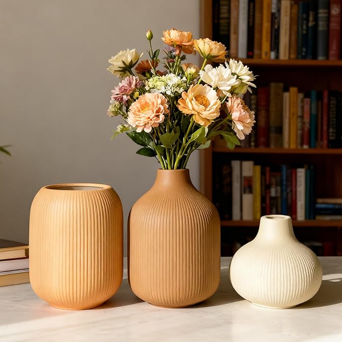 Ceramic Boho Vase Set of 3, Modern Colorful Ceramic Vases with Ribbed Texture, Minimalist Home Decor for Table Centerpiece, Kitchen, Living Room, Table Shelf, Office Decor